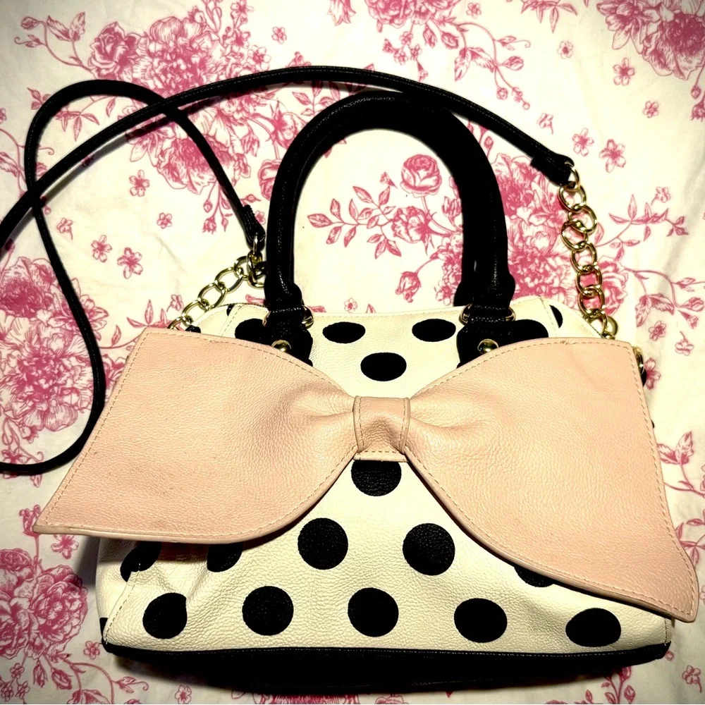 Betsey Johnson Polka Dot Handbag with Pink Bow - Picture 1 of 3